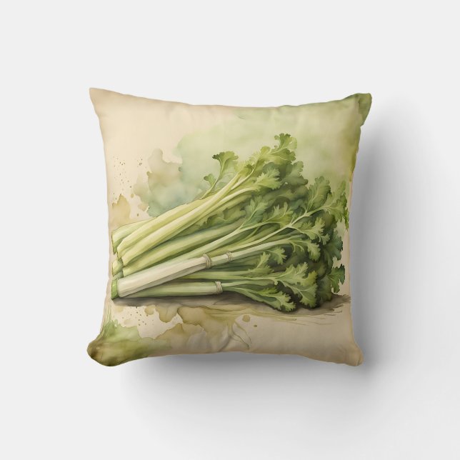 Fresh Celery Bunch Watercolor Cushion (Front)