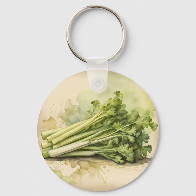 Fresh Celery Bunch Watercolor Key Ring (Front)