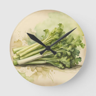 Fresh Celery Bunch Watercolor Round Clock