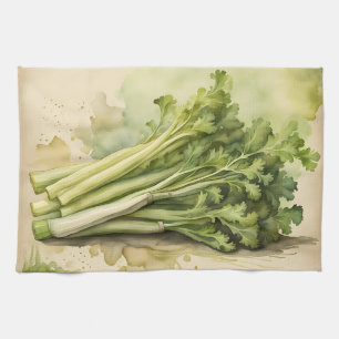 Fresh Celery Bunch Watercolor Tea Towel