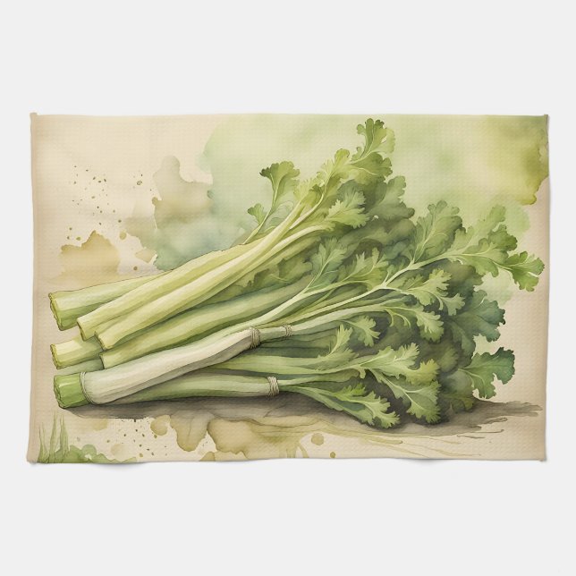 Fresh Celery Bunch Watercolor Tea Towel (Horizontal)