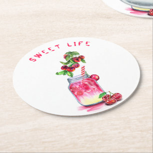 Fresh Cherry Drink Paper Coaster - Custom Text