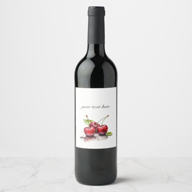 Fresh Cherry Trio in Watercolor, custom Wine Label (Front)