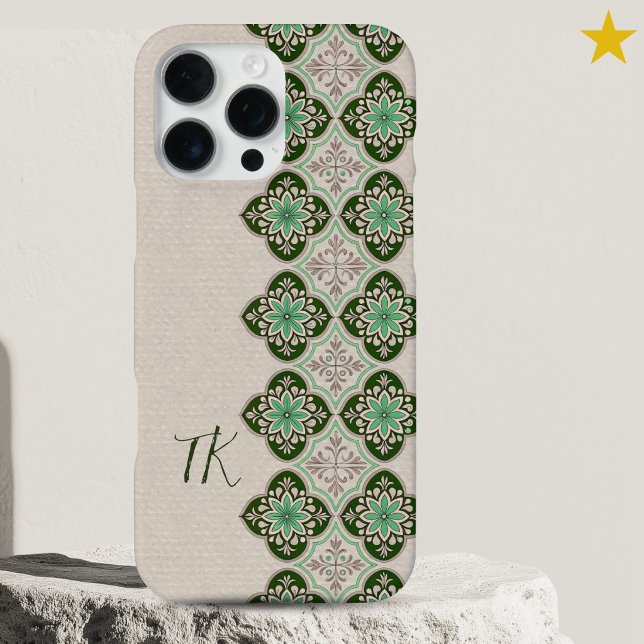Fresh Chic Green Blue Portuguese Tiles Monogram  iPhone Case (Creator Uploaded)
