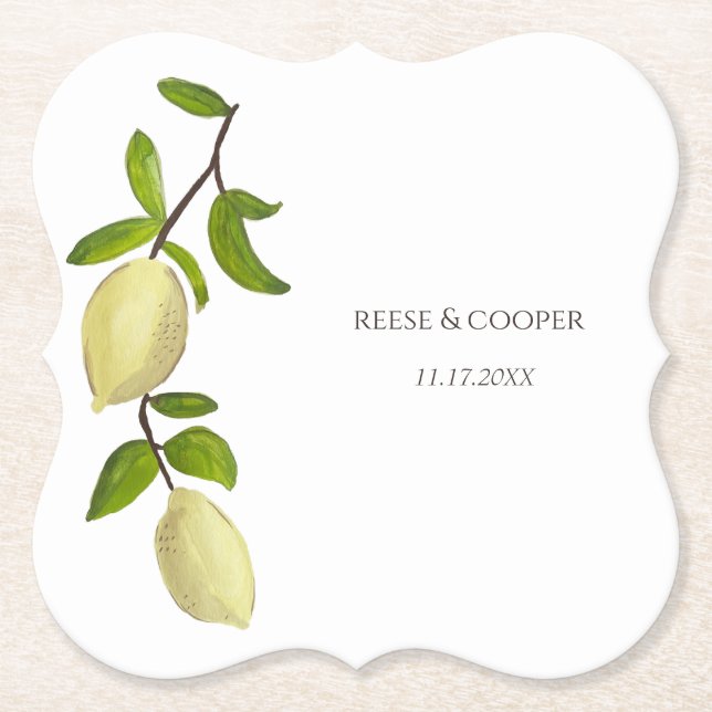 Fresh Citrus Painted Lemons Modern Mediterranean Paper Coaster (Front)