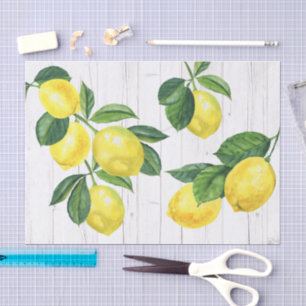 Fresh country lemons watercolor, rustic white wood tissue paper