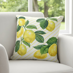 Fresh country rustic lemon watercolor pinstripes cushion