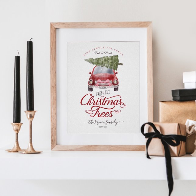 Fresh Cut Christmas Trees Red Watercolor Retro Car Poster (Creator Uploaded)