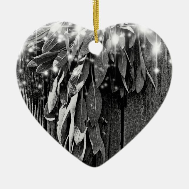 Fresh-cut Sage Barn-wood Grayscale Twinkle Lights Ceramic Ornament (Front)