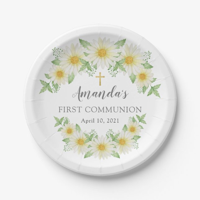 Fresh Daisy Floral Communion Paper Plate (Front)
