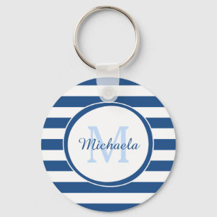 Fresh Dark Blue Monogram and Fat Stripes Pattern Key Ring
