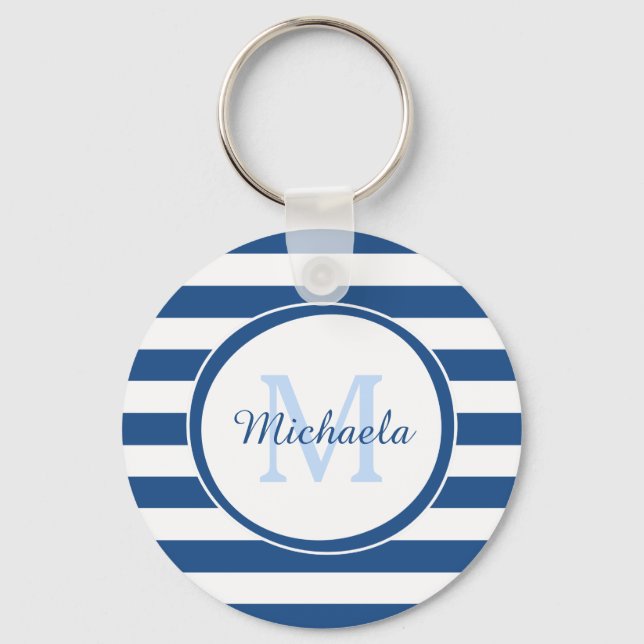 Fresh Dark Blue Monogram and Fat Stripes Pattern Key Ring (Front)