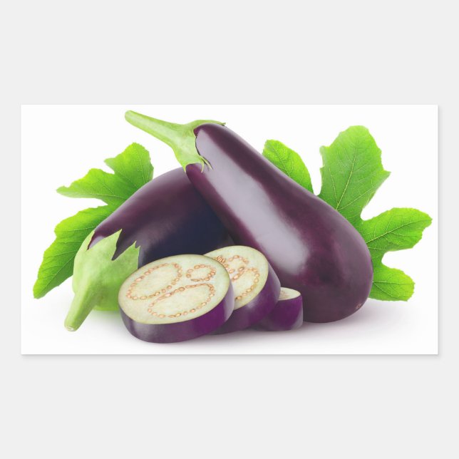 Fresh eggplants with leaves rectangular sticker (Front)
