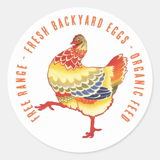 Fresh Eggs! Colourful Retro Barnyard Farm Chicken Classic Round Sticker (Front)