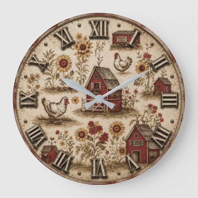 Fresh Eggs Rustic Chicken & Red Barn Farmhouse Large Clock (Front)