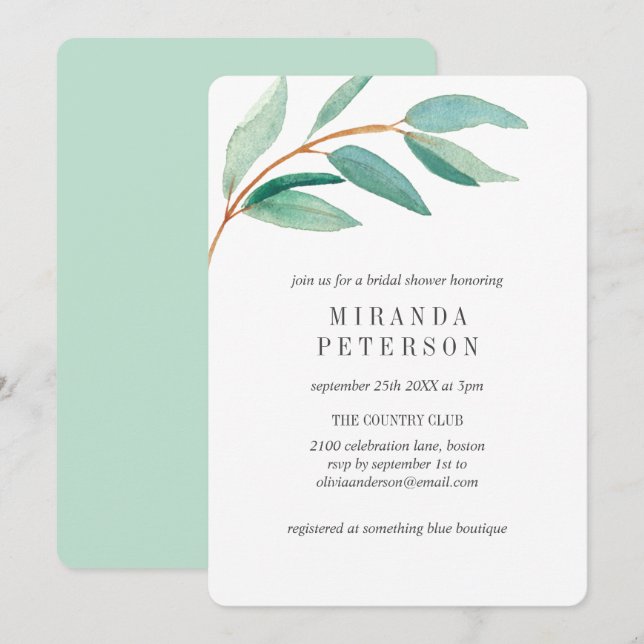 Fresh Eucalyptus Branch Leaves Bridal Shower Invitation (Front/Back)