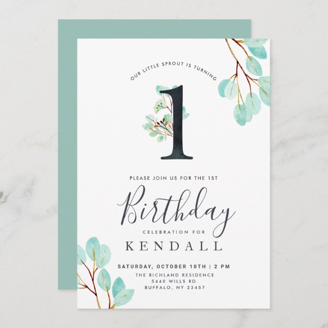 Fresh Eucalyptus | Greenery Themed 1st Birthday Invitation (Front/Back)