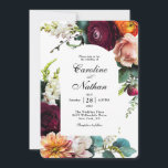 Fresh Fall Arched Frame Floral Wedding Invitation<br><div class="desc">A modern romantic choice in wedding invitations, this design features rich colours of burgundy red, russet orange, blush pink and teal green leaves in a lovely floral border over a trendy arched frame surrounding your text. The back of the invitation has a matching floral bouquet making a uniquely charming invitation....</div>
