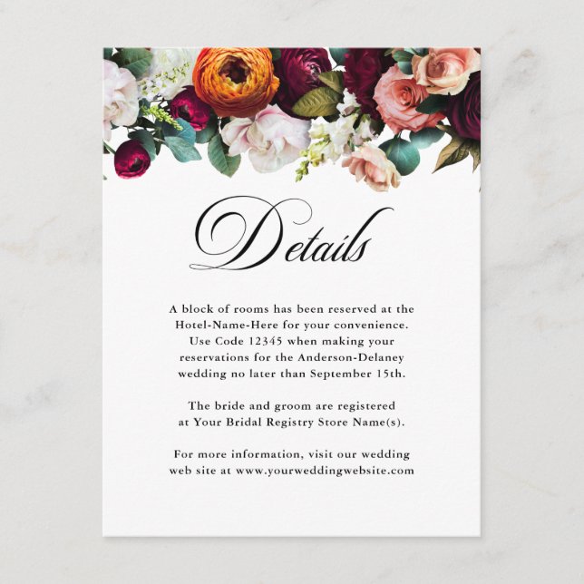 Fresh Fall Floral Wedding Details Enclosure Card (Front)
