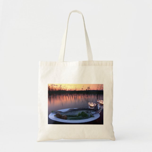 Fresh fish catch on a plate with vegetables tote bag (Front)