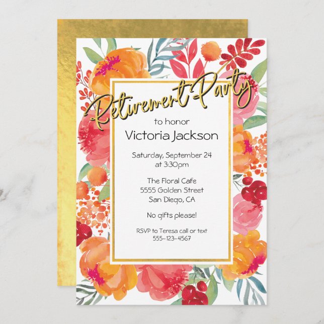 Fresh Flowers Gold Foil Retirement Party Invites (Front/Back)