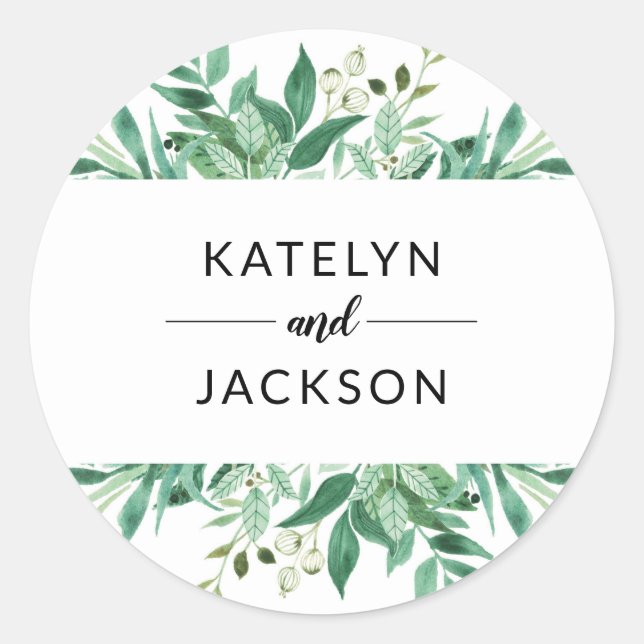 Fresh Foliage Botanical Frame Wedding Monogram Classic Round Sticker (Front)