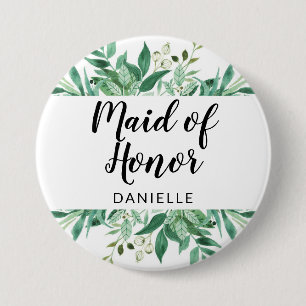Fresh Foliage Botanical Maid of Honour Monogrammed 7.5 Cm Round Badge