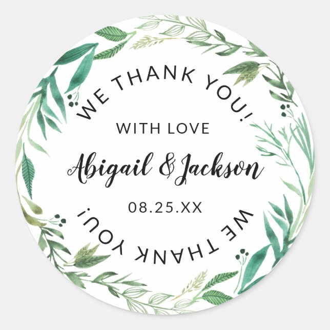 Fresh Foliage Wedding Thank You with Love Favour Classic Round Sticker (Front)
