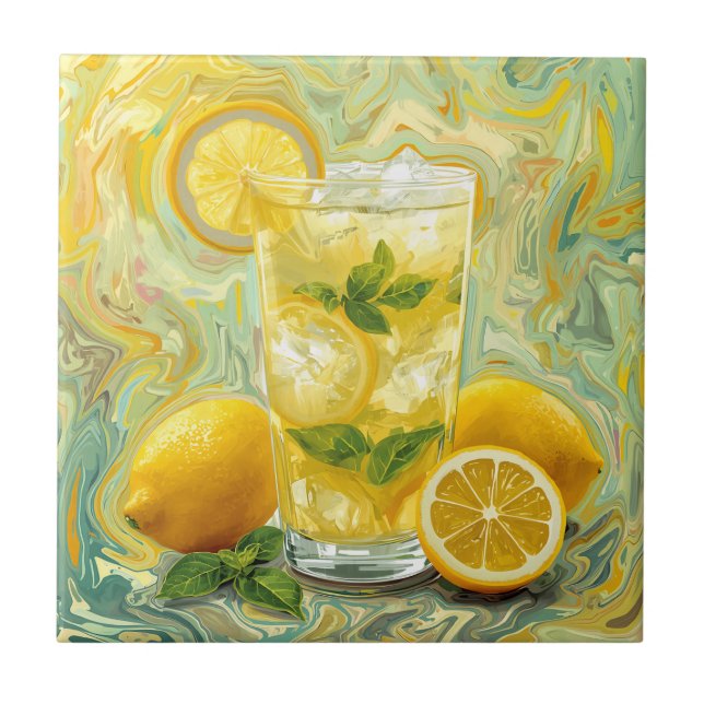 Fresh Glass of Lemonade and Lemons Abstract Art  Ceramic Tile (Front)