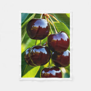 Fresh Glossy Cherries on Branch Photography Blanke Fleece Blanket