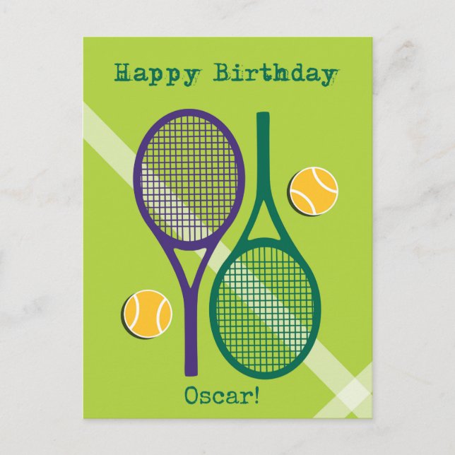 Fresh green and purple tennis racket Birthday Post Postcard (Front)