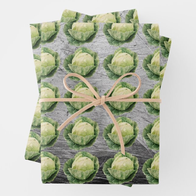 Fresh Green Cabbage Pattern on Rustic Metal Wrapping Paper Sheet (In situ)
