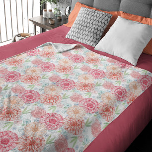 Fresh Green Coral Red Blue Orange Retro Floral Art Fleece Blanket
