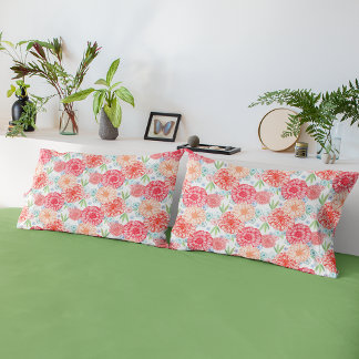 Fresh Green Coral Red Blue Orange Retro Floral Art Pillowcase