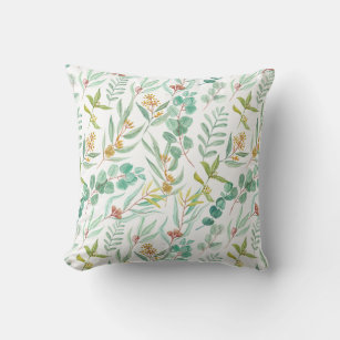 Fresh Green Eucalyptus Leaves, and Gold Flowers  D Cushion