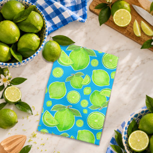 Fresh Green Limes on Blue Citrus Fruit Pattern Tea Towel