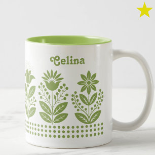 Fresh Green Minimalist Folk Art Floral Custom Name Two-Tone Coffee Mug