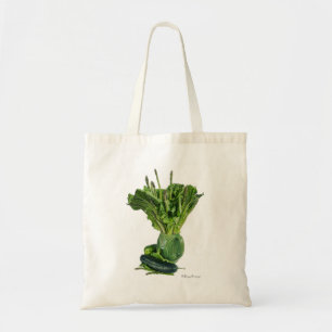 Fresh green vegetables displayed.                tote bag