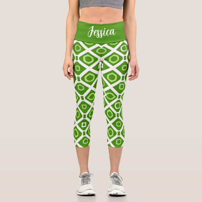 Fresh Green White Geometry High Waisted Capris (Front)
