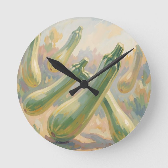 Fresh Green Zucchini Impressionist Painting Round Clock (Front)
