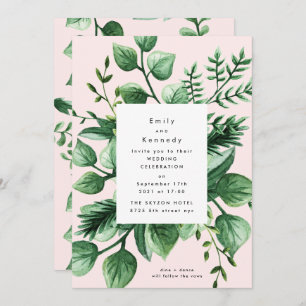 Fresh Greenery Leafy Modern White and Pink Wedding Invitation
