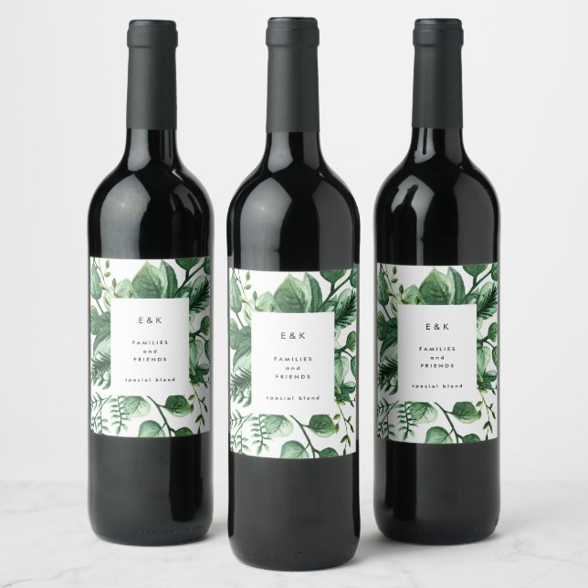 Fresh Greenery Leafy Plants Wedding Wine Label (Bottles)