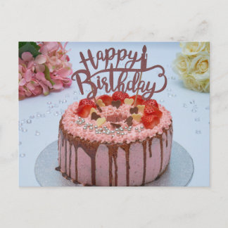 Fresh Happy birthday cake white table cloth flower Postcard