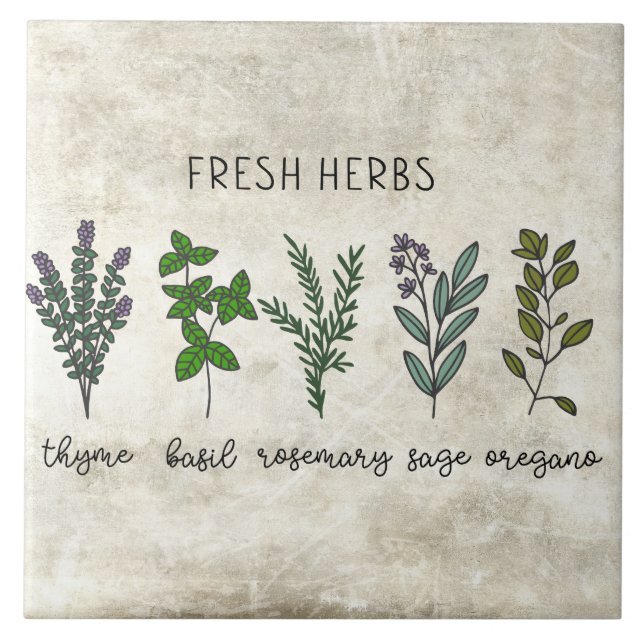 Fresh Herbs Thyme Basil Rustic Farmhouse Ceramic Tile (Front)