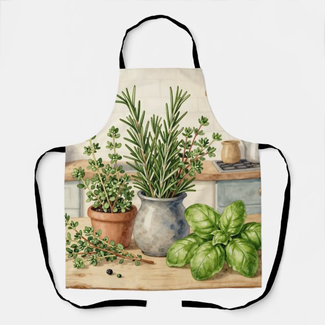 Fresh Kitchen Herbs Watercolor  Apron (Front)
