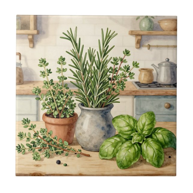 Fresh Kitchen Herbs Watercolor  Ceramic Tile (Front)
