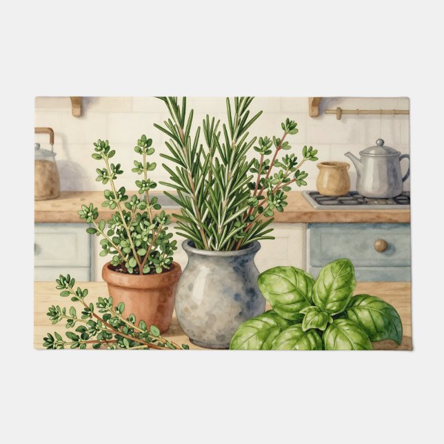 Fresh Kitchen Herbs Watercolor  Doormat (Front)