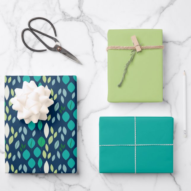 Fresh Leaf Pattern in Blue Teal and Green Wrapping Paper Sheet (Front)