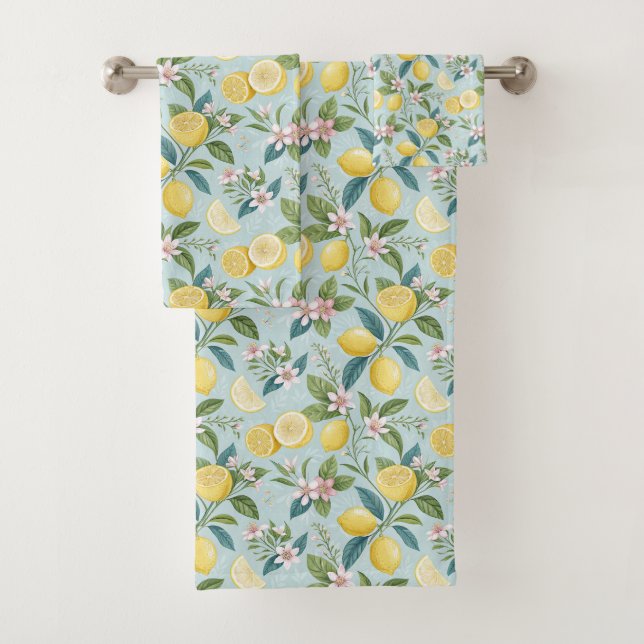 Fresh Lemon Floral Botanical Pattern  Bath Towel Set (Insitu)
