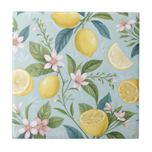 Fresh Lemon Floral Botanical Pattern Ceramic Tile